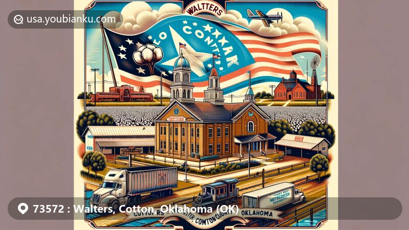 Modern illustration of Walters, Cotton County, Oklahoma, highlighting Cotton County Fair & Expo Center, cotton fields, First United Methodist Church, Rock Island Depot, and Cotton County Courthouse, blending historical architecture with Native American cultural influences and the Oklahoma state flag.