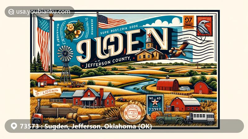 Modern illustration of Sugden, Jefferson County, Oklahoma, featuring ZIP code 73573, incorporating town's agricultural heritage, historical significance, and natural scenery like Redbed Plains, with Oklahoma's symbols and postal elements.