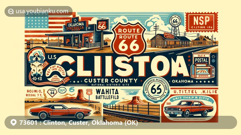 Modern illustration of Clinton, Custer County, Oklahoma, showcasing Route 66 Museum, Washita Battlefield National Historic Site, vintage Route 66 motifs, postal elements with ZIP code 73601, and natural beauty of Foss State Park.