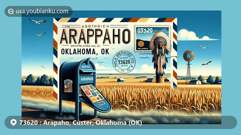 Modern illustration of Arapaho, Oklahoma, in Custer County, featuring a totem symbol and postal theme with ZIP code 73620 and 'Arapaho, OK', highlighting stamps, postmarks, and a traditional mailbox.