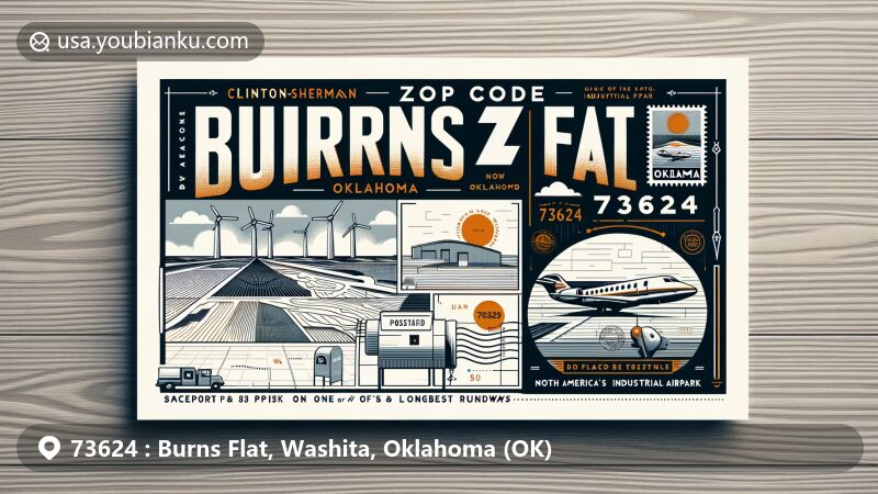 Modern illustration of Burns Flat, Oklahoma, presenting creative postcard design inspired by ZIP code 73624, featuring Clinton-Sherman Industrial Airpark and classic postal elements.
