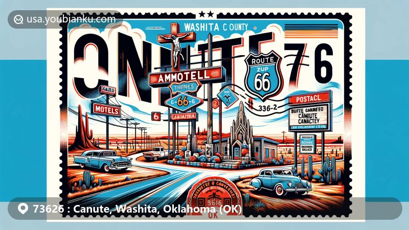 Modern illustration of Canute, Washita County, Oklahoma, showcasing Route 66 heritage with vintage motels, neon signs, gas stations, and Canute Cemetery's unique grotto and crucifixion group.
