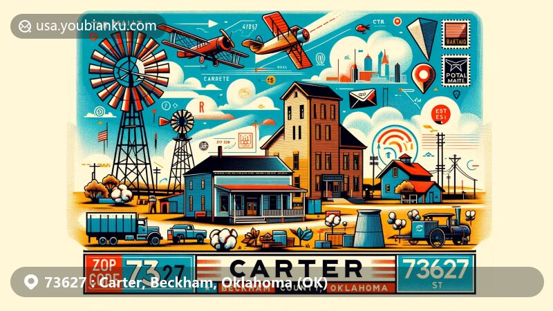 Modern illustration of Carter, Beckham County, Oklahoma, highlighting ZIP code 73627, featuring town's agricultural heritage and postal theme with air mail elements and postmark.