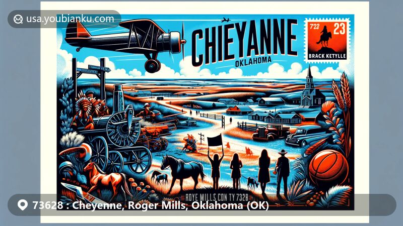 Modern illustration of Cheyenne, Oklahoma, showcasing Washita Battlefield National Historic Site and Black Kettle National Grassland, with subtle nods to the high school girls basketball team, featuring aviation-themed design with Oklahoma state symbols.