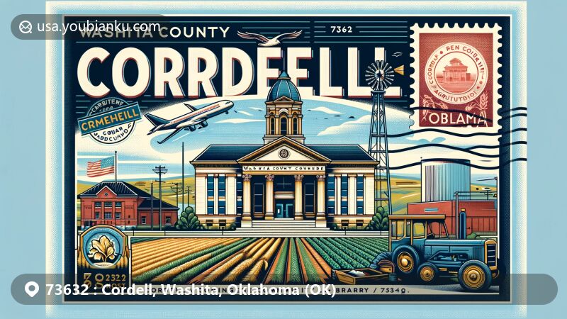 Modern illustration of Cordell, Oklahoma, featuring postal theme with ZIP code 73632, highlighting Washita County Courthouse and Cordell Carnegie Community Library.