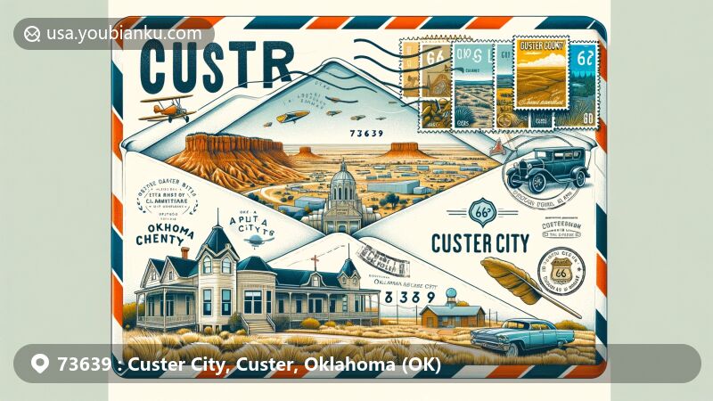 Modern illustration of Custer City, Custer County, Oklahoma, showcasing postal theme with ZIP code 73639, featuring Oklahoma Route 66 Museum and picturesque landscapes.