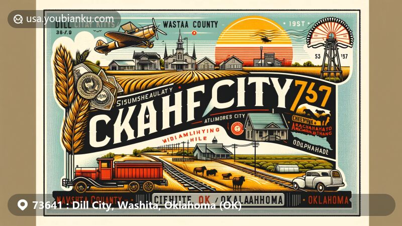 Modern illustration of Dill City, Oklahoma, showcasing agricultural and ranching heritage, railroad history, and Cheyenne and Arapaho Opening, with vintage postmark displaying 