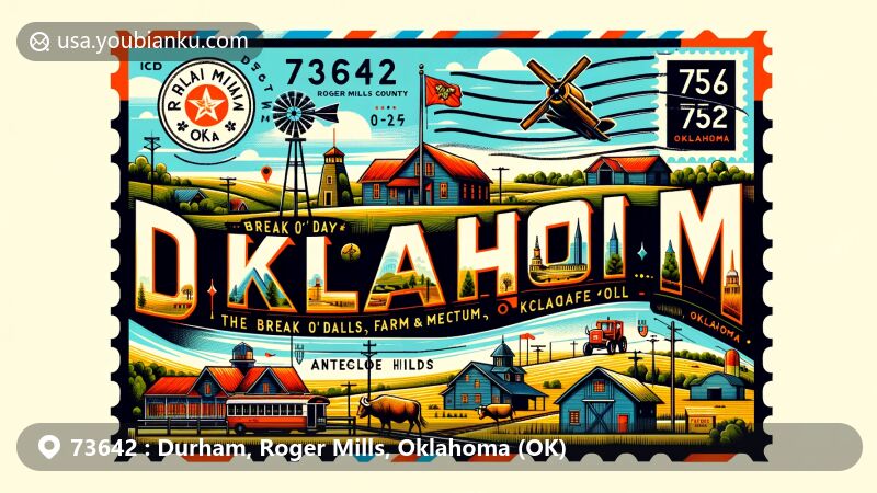 Modern illustration of Durham area, Roger Mills County, Oklahoma, featuring postal theme with ZIP code 73642, showcasing landmarks like Break O' Day Farm & Metcalfe Museum, Antelope Hills, and the state flag, designed in a creative and contemporary style.