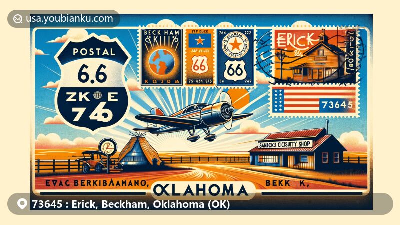 Modern illustration of Erick, Beckham County, Oklahoma, showcasing postal theme with stamps representing state flag and ZIP code 73645, featuring Sandhills Curiosity Shop, Route 66 roadside attraction, iconic road sign, and western aesthetic.