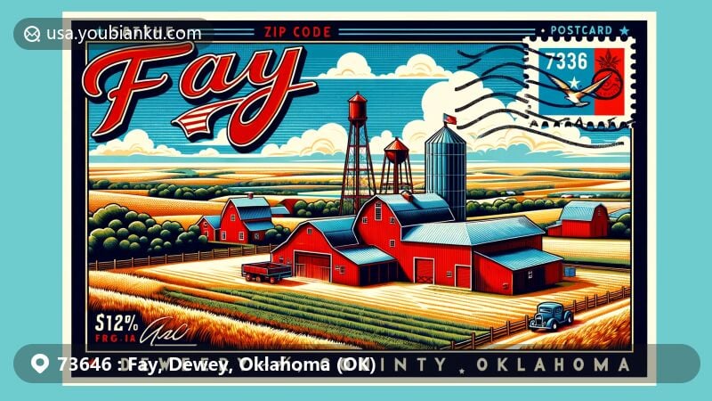 Modern illustration of Fay, Dewey County, Oklahoma, showcasing postal theme with ZIP code 73646, featuring Oklahoma landscape and rural charm.