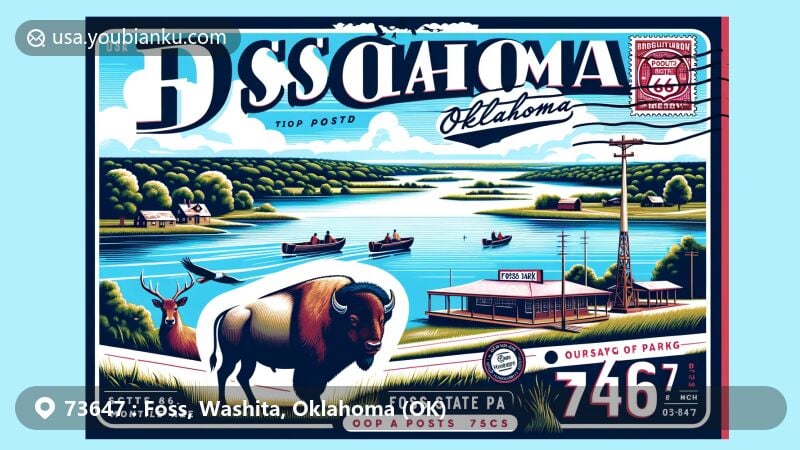 Postcard-style illustration of Foss, Washita County, Oklahoma, featuring ZIP code 73647, highlighting Foss State Park, Foss Lake, boating, fishing, a majestic bison, Route 66 theme, old gas station, stamp, postmark, and postal ZIP code.