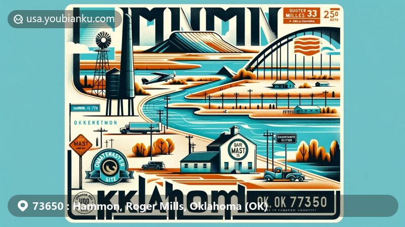 Modern illustration of Hammon, Roger Mills County, Oklahoma, featuring Quartermaster Site 15 Reservoir and postal theme with ZIP code 73650, highlighting Oklahoma State Highways 33 and 34.