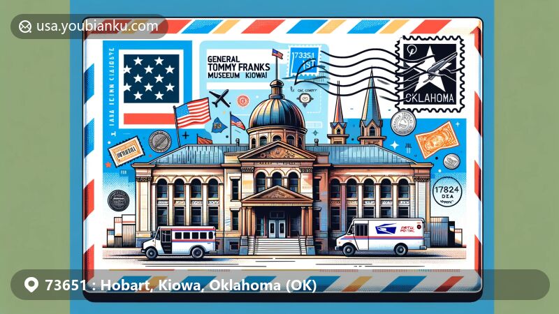 Modern illustration of Hobart, Kiowa County, Oklahoma, with General Tommy Franks Museum and Kiowa County Museum, featuring Kiowa County outline, Oklahoma state flag, postal elements, and ZIP code 73651.