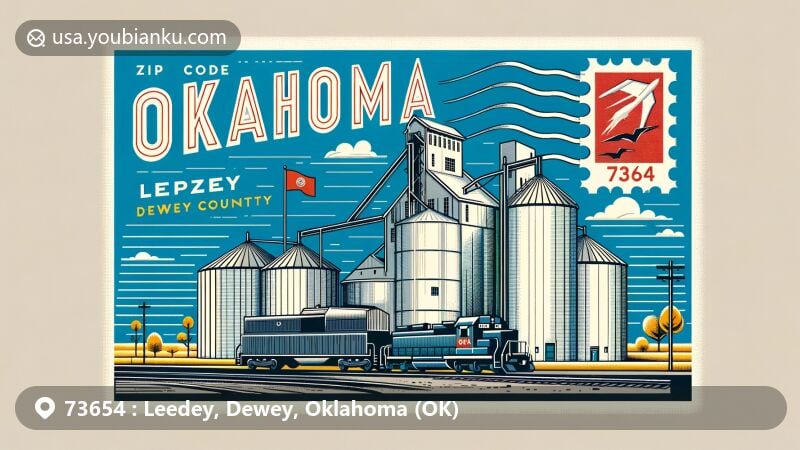 Modern illustration of Leedey, Dewey County, Oklahoma, incorporating regional landmarks and postal elements, showcasing ZIP code 73654, including grain elevator, train depot, and state symbols.