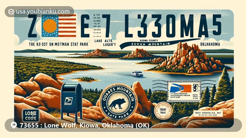 Modern illustration of Lone Wolf, Kiowa County, Oklahoma, highlighting Quartz Mountain State Park, Lake Altus-Lugert, and rugged hills, integrated into vintage postcard design with Oklahoma state flag, stamp, postmark, mailbox, and mail delivery van.