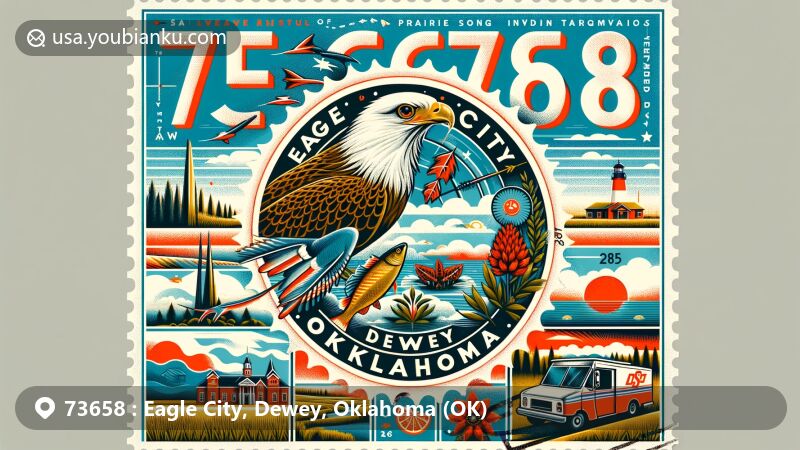 Creative depiction of ZIP code 73658 Eagle City, Dewey, Oklahoma, resembling a modern postcard with area's name, landmarks, and Oklahoma state symbols.