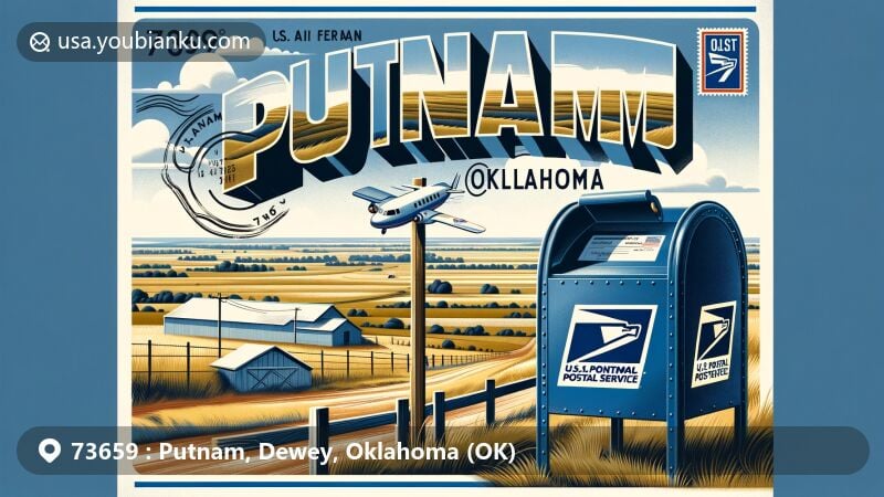 Modern illustration featuring airmail envelope with '73659' and 'Putnam, OK' against backdrop of rural landscape, showcasing town's postal connections.