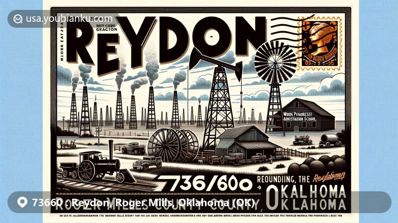 Modern illustration of Reydon, Roger Mills County, OK, showcasing postal theme with ZIP code 73660, featuring Black Kettle National Grassland and Anadarko Basin drilling rigs.