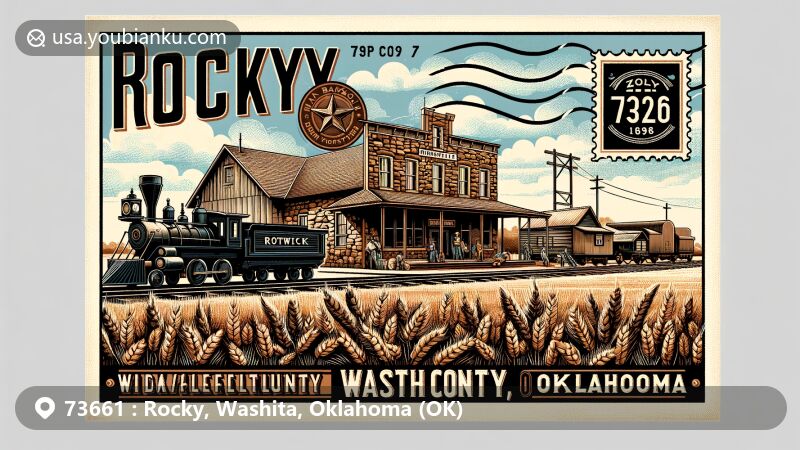 Modern illustration of Rocky, Washita County, Oklahoma, featuring ZIP code 73661, showcasing Rocky Mercantile Store, local rock construction, agricultural symbols, and vintage postal elements.