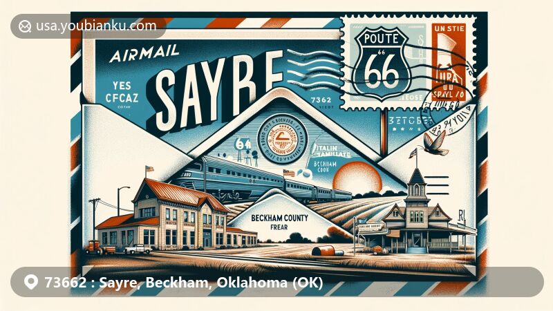 Modern illustration of Sayre, Oklahoma, featuring airmail envelope with distinctive ZIP code 73662, showcasing Route 66 sign, Italian Renaissance-style Sayre Rock Island Depot, Beckham County's agricultural landscape, and Beckham County Free Fair.