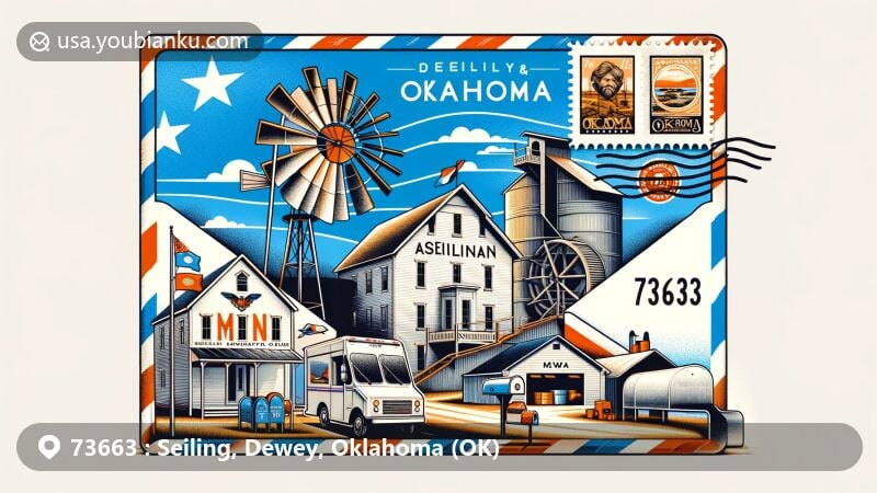 Modern illustration of Seiling, Dewey, Oklahoma, highlighting Seiling Mill, McAllister House, and Oklahoma flag, with airmail envelope design featuring '73663' ZIP code, stamps, and postmarks, surrounded by mailboxes and mail trucks.