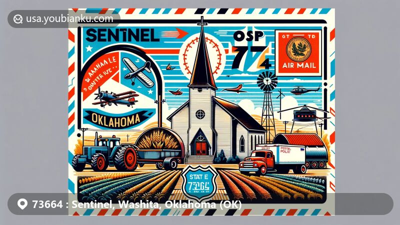 Modern illustration of Sentinel, Washita, Oklahoma, showcasing postal theme with ZIP code 73664, featuring Sentinel's Baptist Church, State Highways 44 and 55 intersection, and Oklahoma state flag.