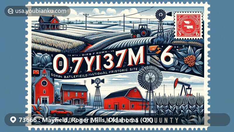 Modern illustration of Mayfield, Roger Mills, Oklahoma, showcasing ZIP code 73666, landmarks like Washita Battlefield National Historic Site and Antelope Hills, sorghum and wheat fields, oil rigs, vintage postal theme with state of Oklahoma stamp, mailbox, and red barn.