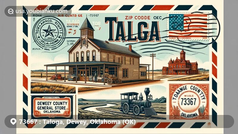 Modern illustration of Taloga, Dewey County, Oklahoma, with ZIP code 73667, featuring vintage postcard and air mail envelope design, showcasing Riggs General Store and Dewey County Courthouse.