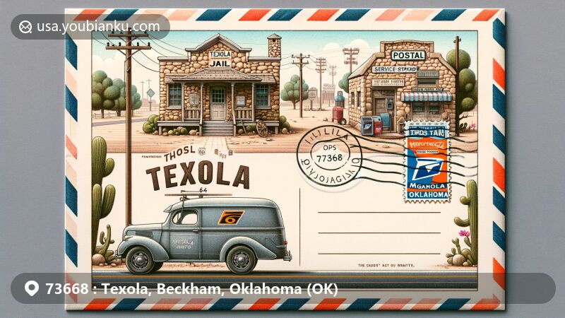 Modern illustration of Texola Jail and Magnolia Service Station in Texola, Oklahoma, capturing the ghost town vibe, featuring old postal van, vintage postcard frame, postal stamp, and ZIP code 73668.