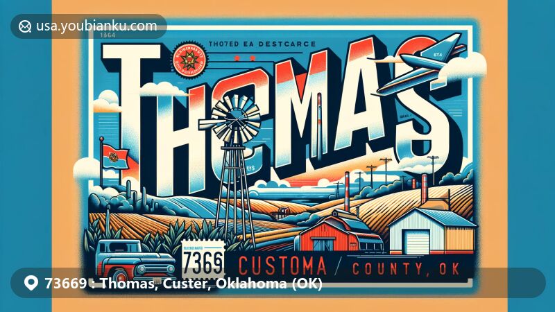 Modern illustration of Thomas, Custer County, Oklahoma, with postal theme and ZIP code 73669, featuring elements like the Oklahoma state flag, Custer County's geographical outline, and landmarks of Thomas.