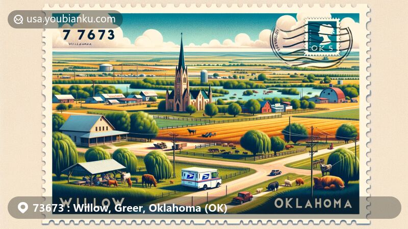 Modern illustration of Willow, Oklahoma, highlighting postal theme with ZIP code 73673, featuring rural charm and agricultural landscape, including iconic town symbols and open Oklahoma sky.
