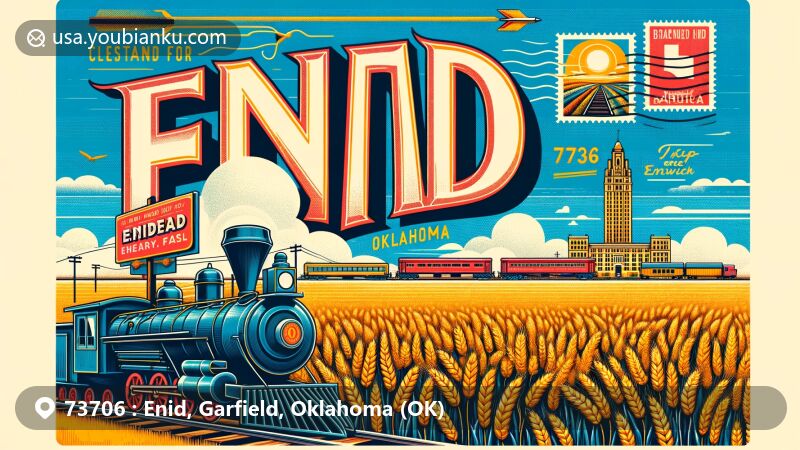 Modern illustration of Enid, Oklahoma, showcasing 'Wheat Capital' status and historic railway elements, featuring vintage mailbox with ZIP code 73706 and iconic landmarks like Broadway Tower.