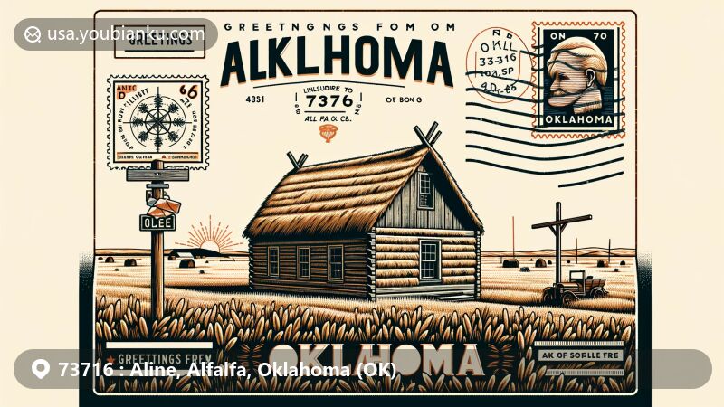 Modern illustration of Aline, Alfalfa County, Oklahoma, featuring Sod House Museum, showcasing pioneer life on the prairie, postal theme with retro stamp highlighting Oklahoma's outline and star over Aline, and postmark with Aline's establishment date.