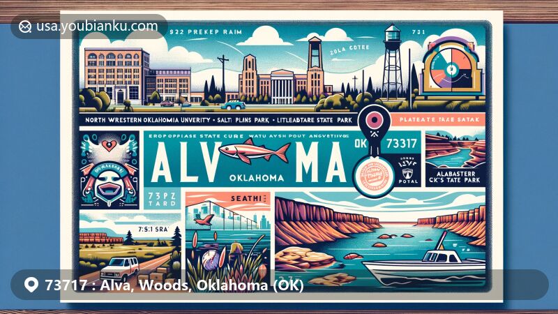 Modern illustration of Alva, Woods County, Oklahoma, highlighting postal theme with ZIP code 73717, showcasing Northwestern Oklahoma State University symbol, colorful murals, Salt Plains State Park, Little Sahara State Park, and Alabaster Caverns State Park.