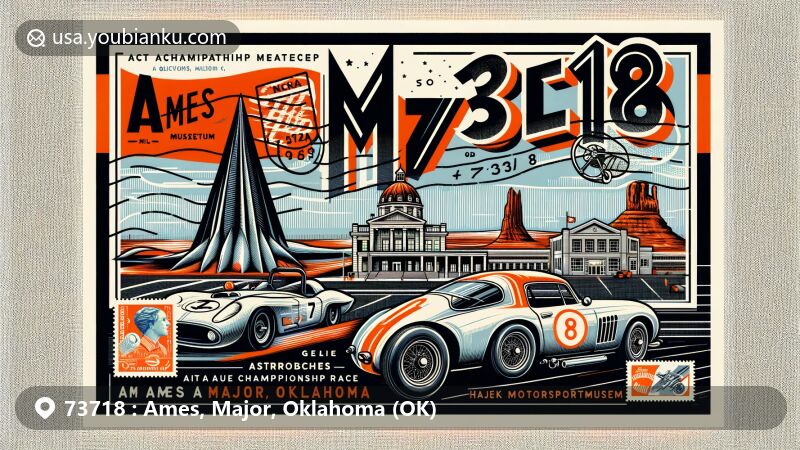 Modern illustration of Ames, Oklahoma, Major County, focusing on geological feature Ames Astrobleme Museum and automotive heritage Hajek Motorsports Museum, integrating Oklahoma state symbols and postal elements.