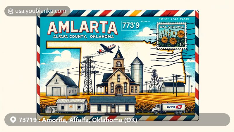 Modern illustration of Amorita, Alfalfa County, Oklahoma, highlighting postal theme with ZIP code 73719, featuring historical elements like a schoolhouse, grain elevator, and Great Salt Plains. Incorporates Alfalfa County outline and Oklahoma state flag.