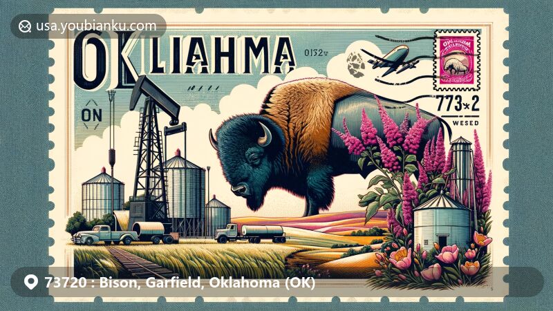 Contemporary illustration of Bison, Garfield County, Oklahoma, reflecting agricultural and oil-based economy with oil wells and grain elevators. Features American bison symbolizing local wildlife, and Oklahoma state mammal. Includes state symbols redbud tree and rose rock, with historic Chisholm Trail in the background. Vintage postage stamp design with ZIP code 73720, postmark, and envelope edge.