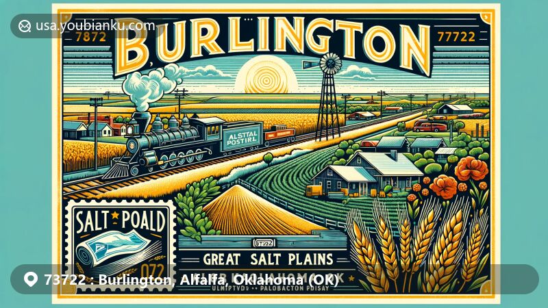 Modern illustration of Burlington, Alfalfa County, Oklahoma, showcasing agricultural richness with wheat and alfalfa cultivation, railroad history, and Great Salt Plains elements, integrated with postal theme and ZIP code 73722.