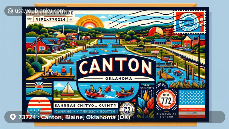 Modern illustration of Canton, Oklahoma, with ZIP code 73724, featuring Canton Lake and outdoor activities like camping, boating, and fishing.