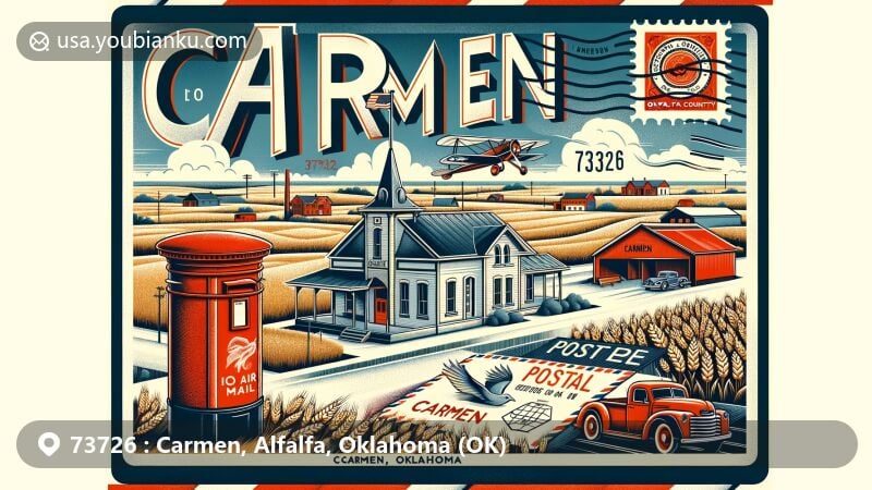 Modern illustration of Carmen, Oklahoma, showcasing postal theme with ZIP code 73726, featuring vintage air mail envelope, IOOF Orphan's Home, Carmen railroad depot, and Oklahoma state flag stamp.