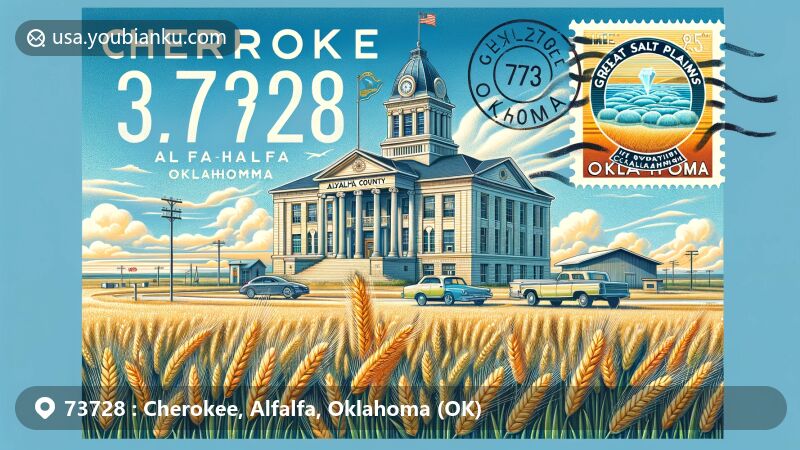 Modern illustration of Cherokee, Alfalfa, Oklahoma, with Alfalfa County Courthouse at the center symbolizing governmental and historical importance, surrounded by wheat fields showcasing agricultural heritage. Vintage postal elements include a stamp featuring Great Salt Plains, with '73728' and 'Cherokee, Oklahoma', and postal ink stamp mark subtly including 'OK'. Illustration captures region's history, nature, and postal significance.