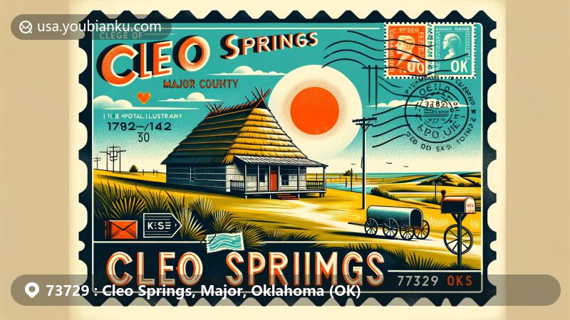 Modern illustration of Cleo Springs, Oklahoma, highlighting the Sod House Museum and vintage postcard design, featuring postal elements like Cleo Springs, Major County, OK, ZIP code 73729, and Oklahoma state flag.