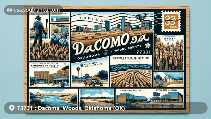 Modern illustration of Dacoma, Oklahoma in Woods County, showcasing the town's unique history, agricultural landscapes, Cimarron River scenery, cultural events like the 'March Third Celebration', and educational/cultural institutions, along with postal elements including stamps, postmarks, and ZIP Code 73731.