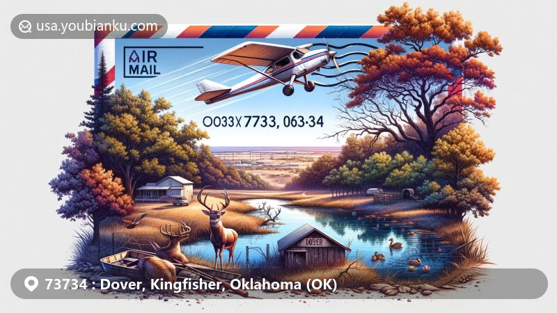 Modern illustration of Dover, Kingfisher County, Oklahoma, featuring ZIP Code 73734 with air mail envelope, showcasing local hardwood forests, wildlife, ponds, and county map and flag elements.
