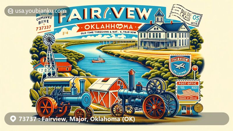 Modern illustration of Fairview, Oklahoma, highlighting ZIP code 73737, incorporating Cimarron River scenery and Old Time Threshing Bee & Nat. 2 Cylinder Tractor Show, with postal motifs like air mail envelope, stamps, and vintage post office facade.