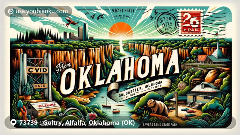 Modern illustration of Goltry, Alfalfa County, Oklahoma, showcasing postcard theme with ZIP code 73739, featuring Robbers Cave State Park, Scissortail Park, and Beavers Bend State Park.