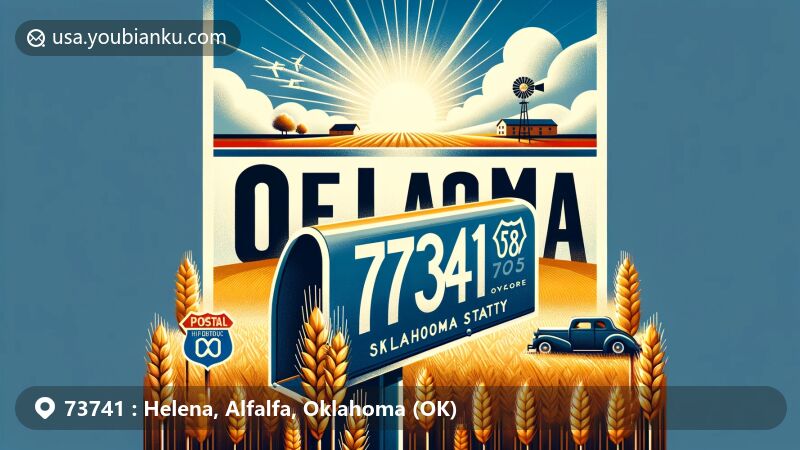 Modern illustration of Helena, Oklahoma, showcasing wheat field under sunny sky and State Highway 58 sign, featuring airmail envelope with ZIP code 73741, Oklahoma state flag, and climate symbols.