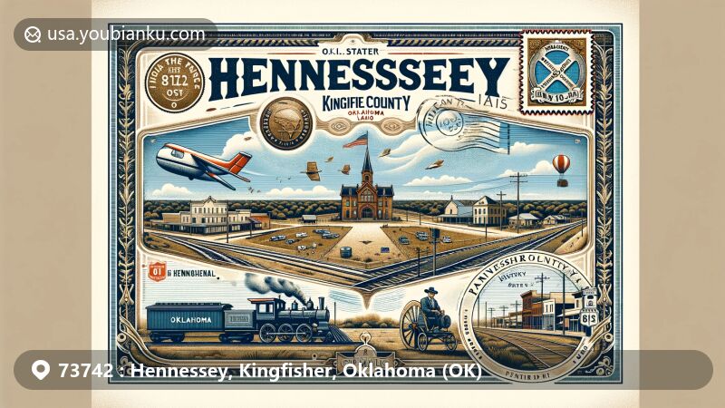 Modern illustration of Hennessey, Kingfisher County, Oklahoma, showcasing postal theme with ZIP code 73742, featuring Chisholm Trail, U.S. Route 81, land run of 1889, railway history, and Pat Hennessey Memorial Park.