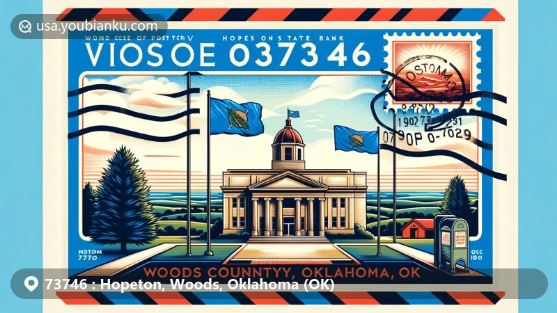 Modern illustration of Hopeton State Bank in ZIP code 73746, with Oklahoma state flag, Woods County borders, postage stamp, postal mark, and vintage air mail envelope.