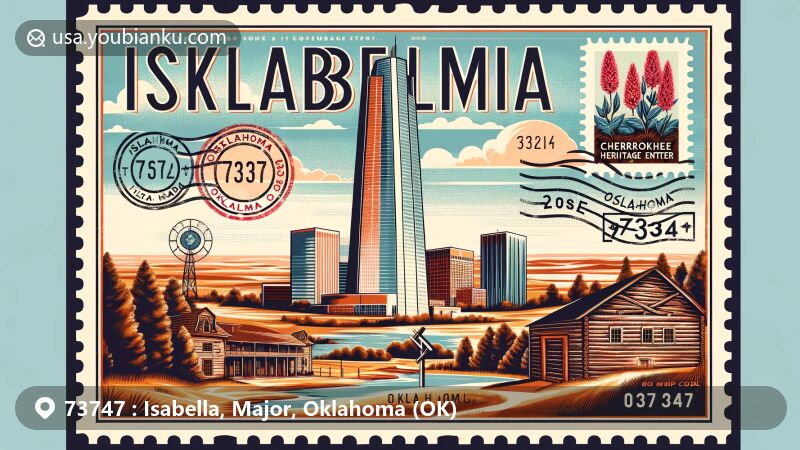 Creative illustration of Isabella, Oklahoma postcard with ZIP code 73747, featuring Price Tower, Cherokee Heritage Center, and Sequoyah's Cabin, surrounded by Oklahoma's natural landscapes and postal elements like stamps and postmarks.